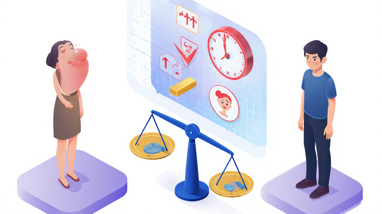 Comparison of two patients on lithium, showing thyroid enlargement versus normal function, balanced against mood stability.