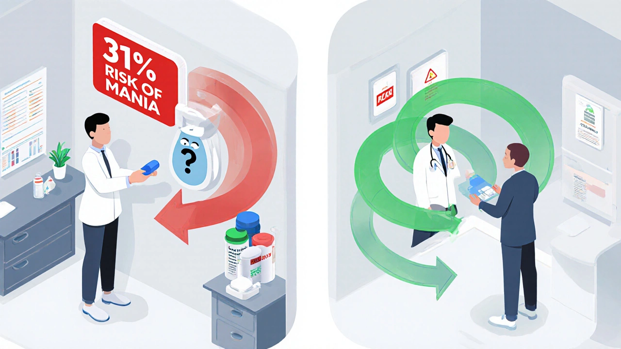 Doctor&#039;s office with two paths: risky antidepressant vs safe bipolar meds, warning signs and stability waves.
