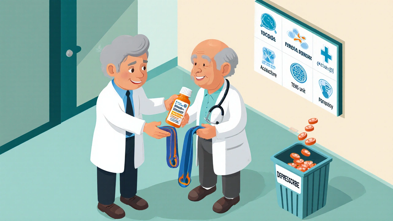 Doctor giving an older adult non-opioid pain relief options like gel and exercise bands.