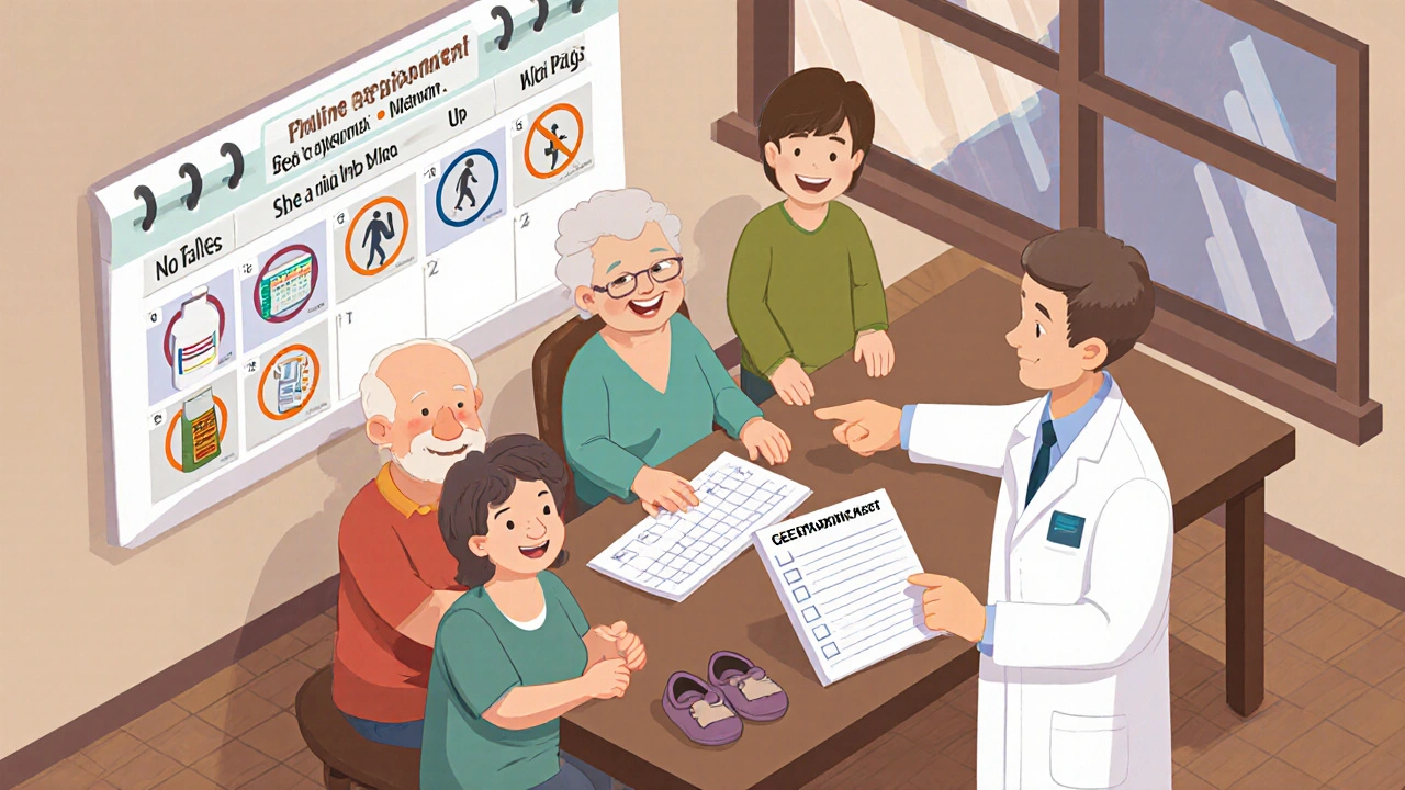 Family and doctor reviewing safe pain management options together at a kitchen table.