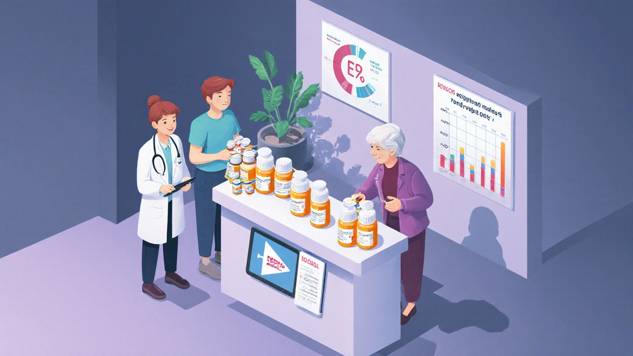 Family helping elderly relative organize monthly meds with synchronized bottles and health stats.