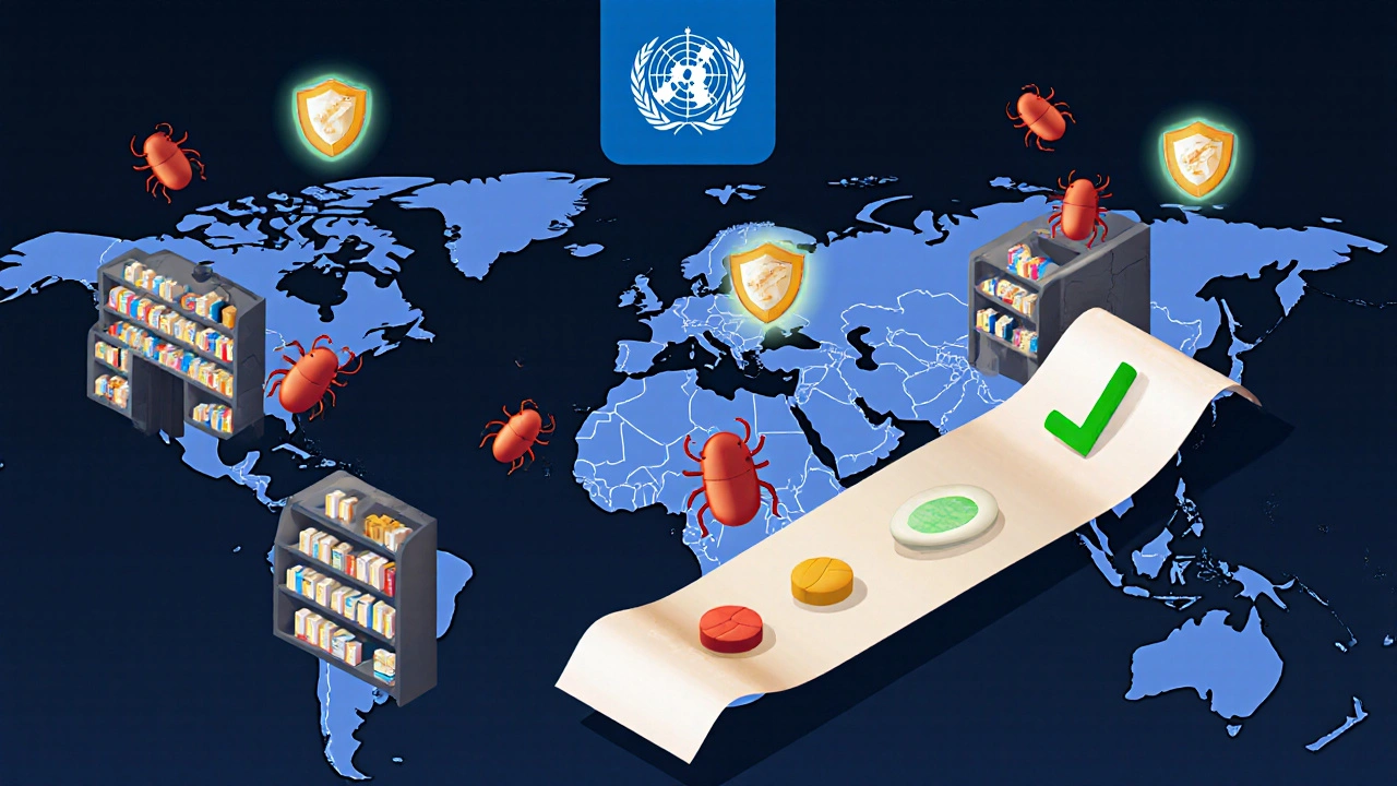 Global map showing expired antibiotics turning into superbugs, with a potency-testing strip glowing above.