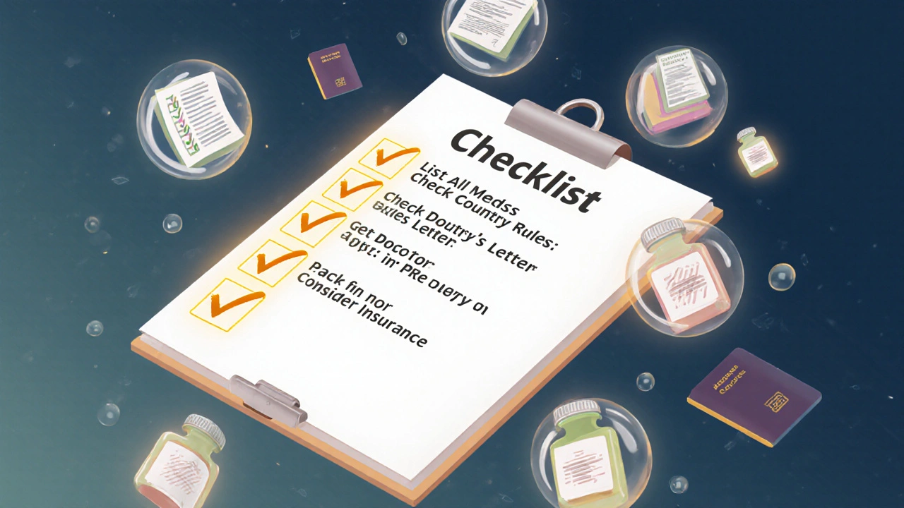 Isometric checklist with seven steps for safely traveling with prescription medications.