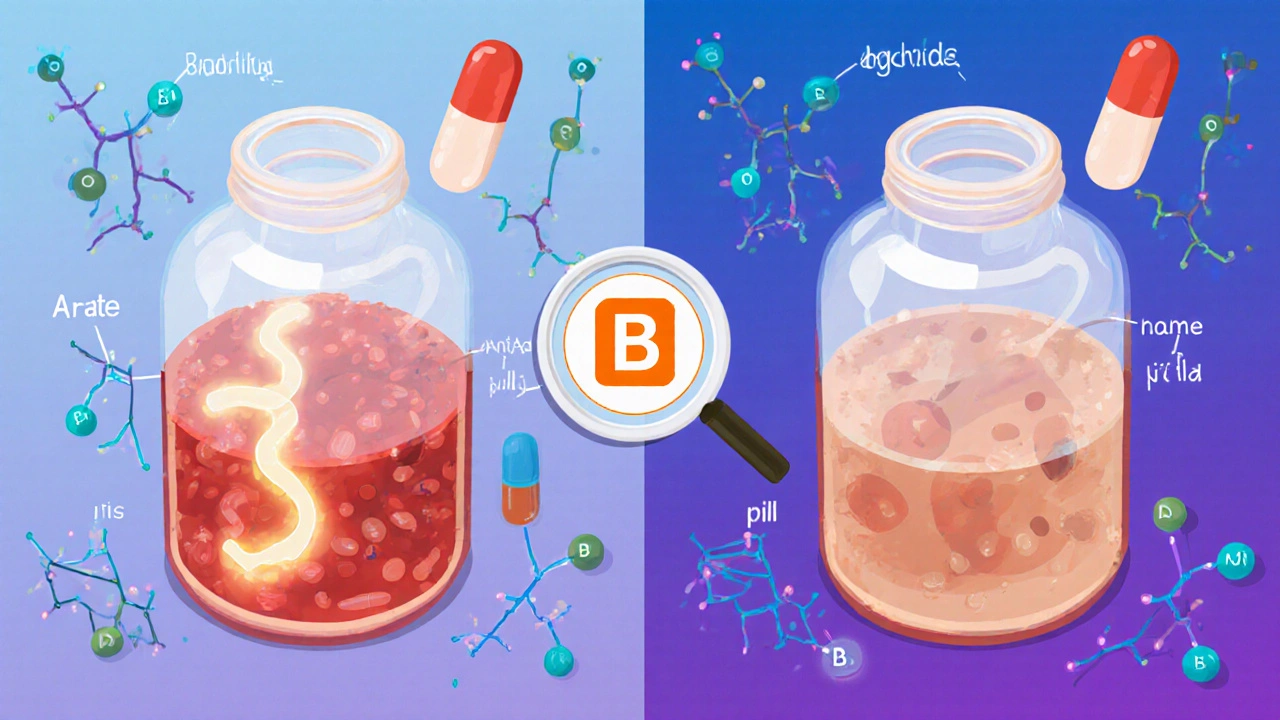 Isometric comparison of drug absorption in bloodstream between A-rated and B-rated generics with molecular structures.
