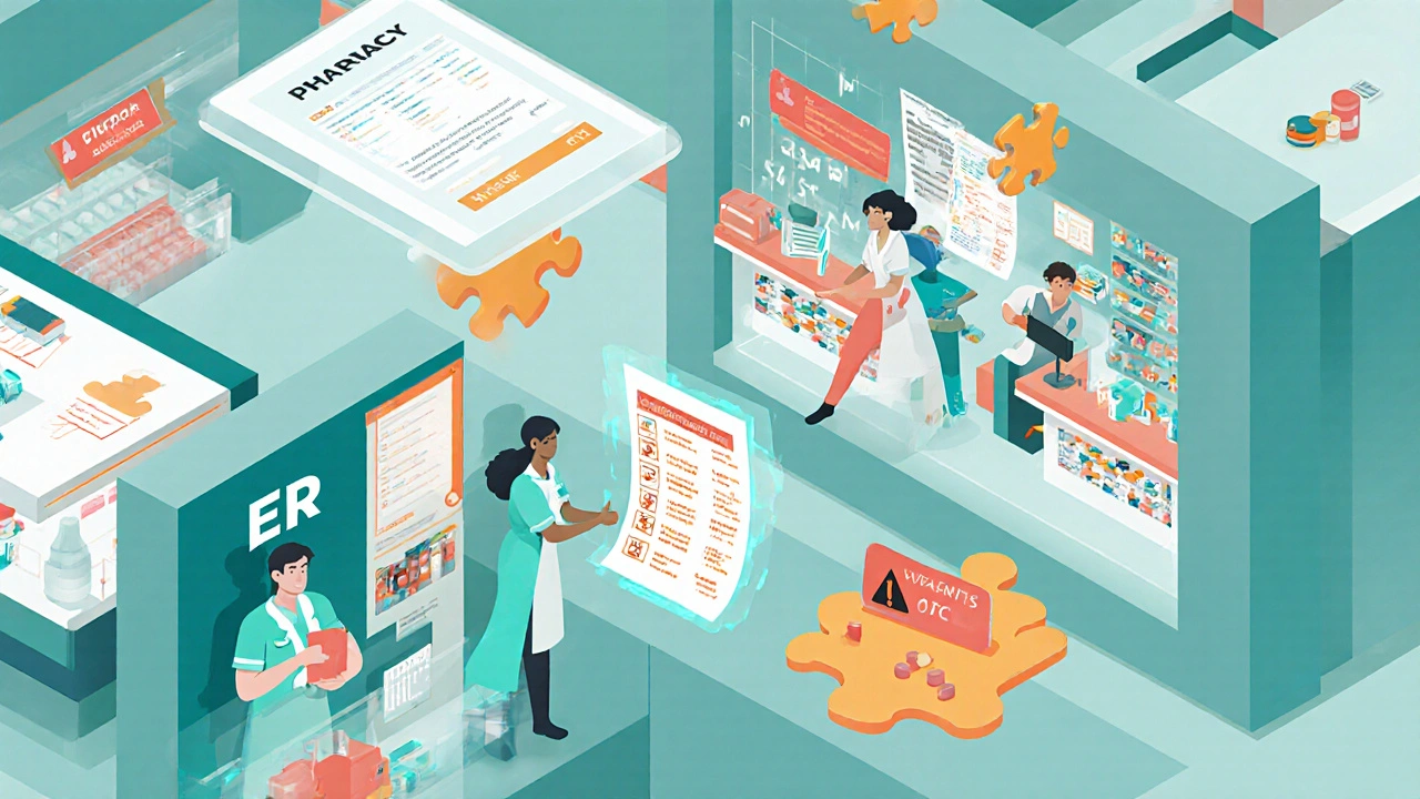Isometric view of care settings connected by a glowing medication list passed between staff, with missing supplements as puzzle pieces.