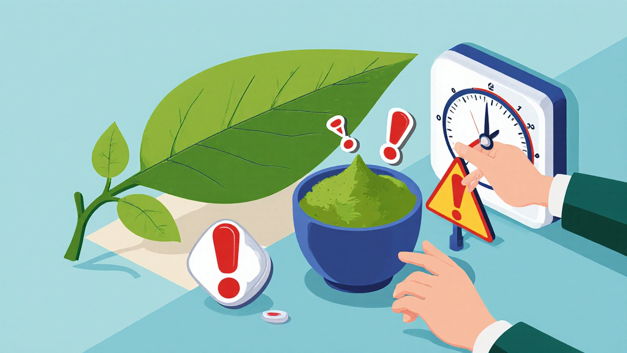 Matcha drinker with a giant tea leaf and warning sign affecting INR levels.