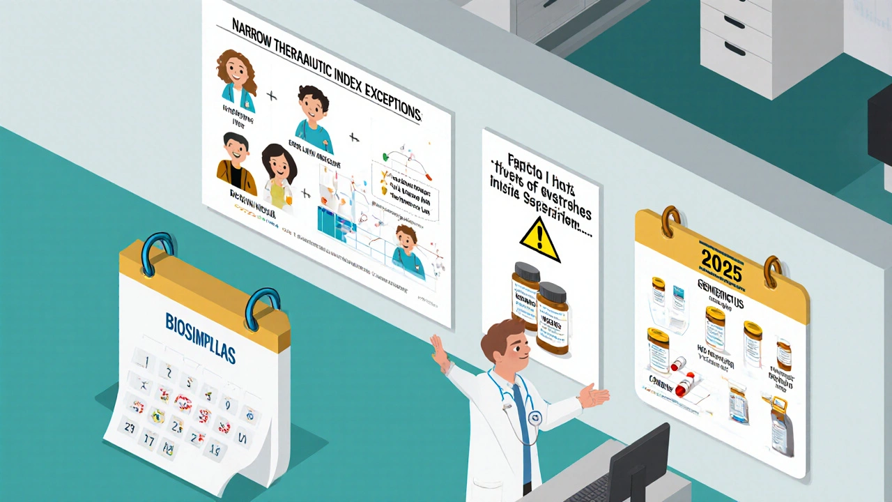 Medical office wall showing generic prescribing effectiveness and exceptions with 2025 biosimilar updates.