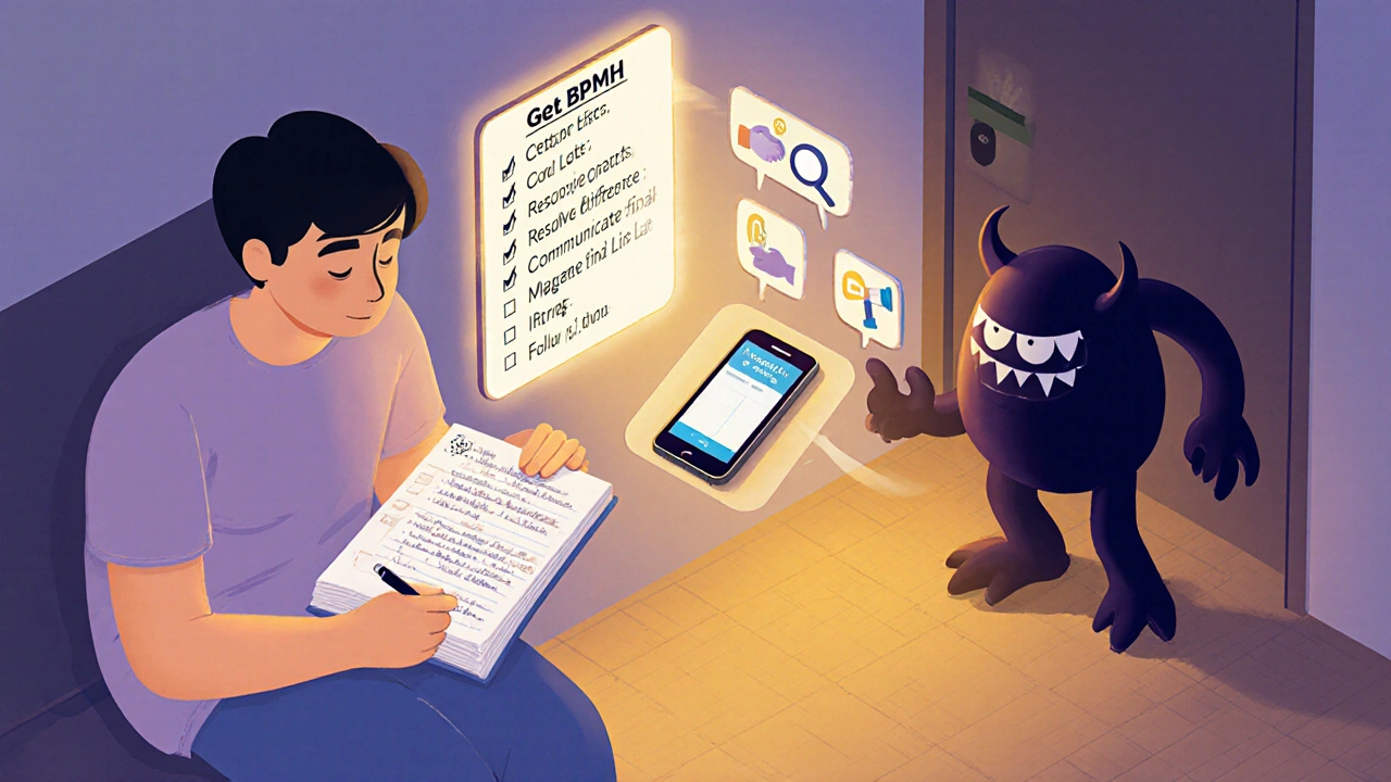 Patient at home with medication diary and app, glowing reconciliation steps above, while a shadowy error monster fades away.