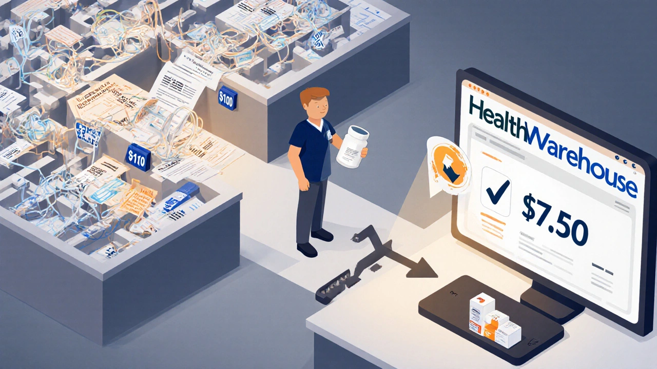 Patient at pharmacy choosing between complex insurance maze and simple direct-to-consumer path.