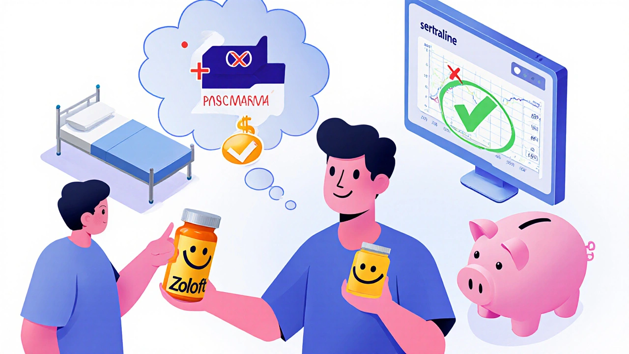 Patient comparing generic and brand pills with FDA bioequivalence data and positive outcome symbols.