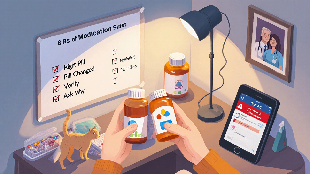 Patient comparing pill bottles at home, using a medication app and checking a safety checklist on a whiteboard.