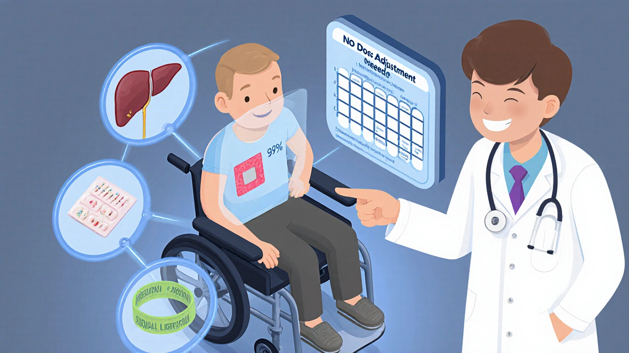 Patient with fentanyl patch and safe pain management options shown in isometric view with metabolic pathways.