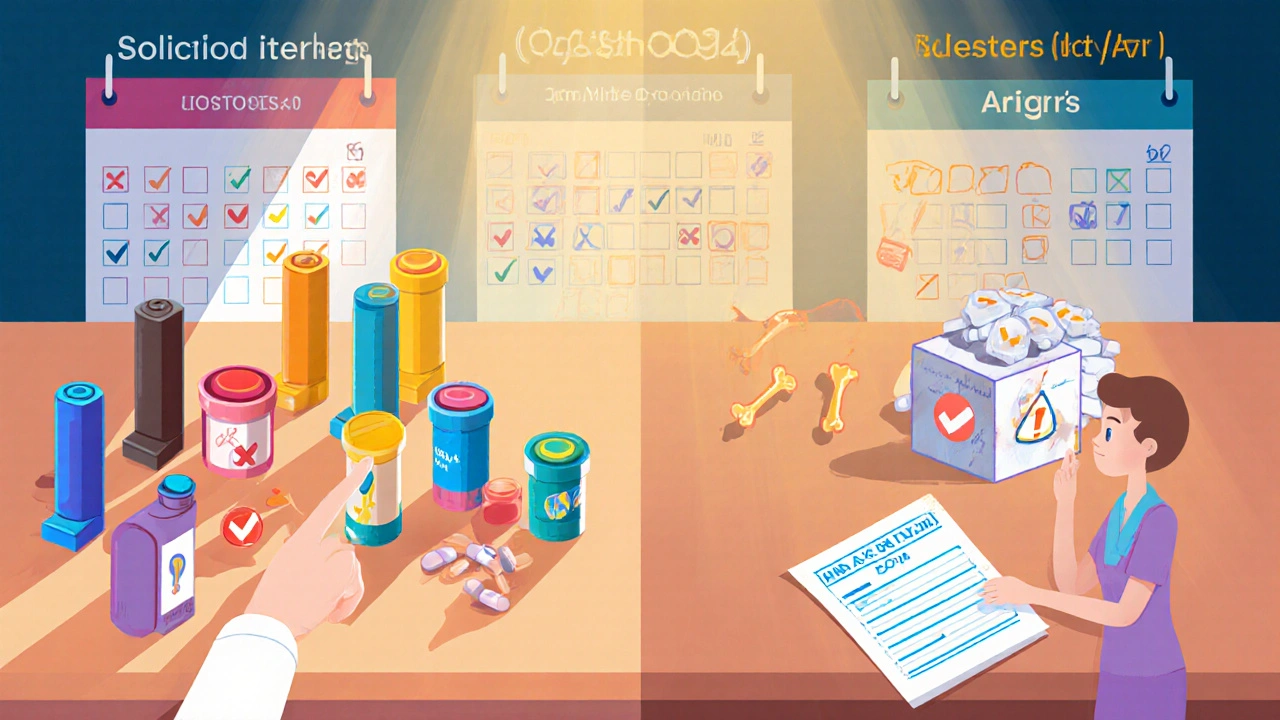 Pharmacy counter comparing inhalers and oral steroid pills, with a doctor pointing to inhalers as the better option.