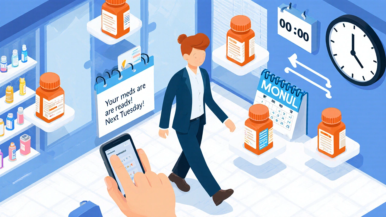 Professional receiving a pharmacy reminder on phone, surrounded by synced medication icons.
