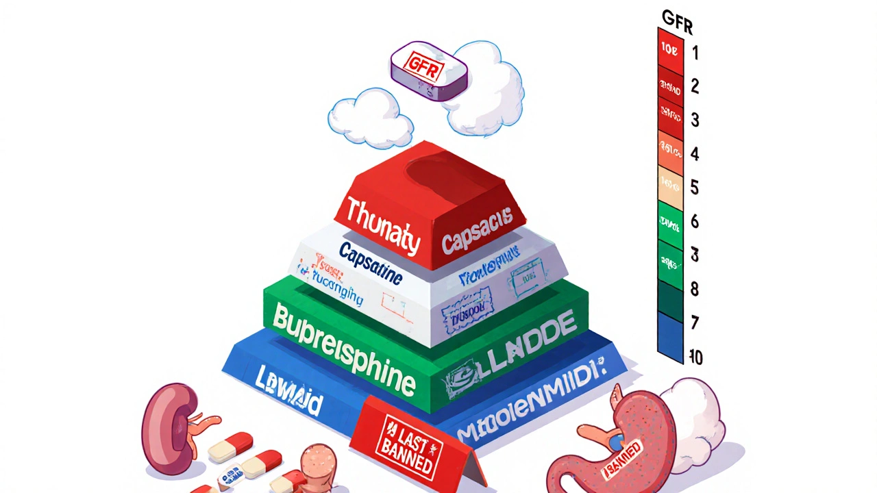 Pyramid of safe pain management for kidney patients, with banned opioids blocked and naldemedine protecting the gut.