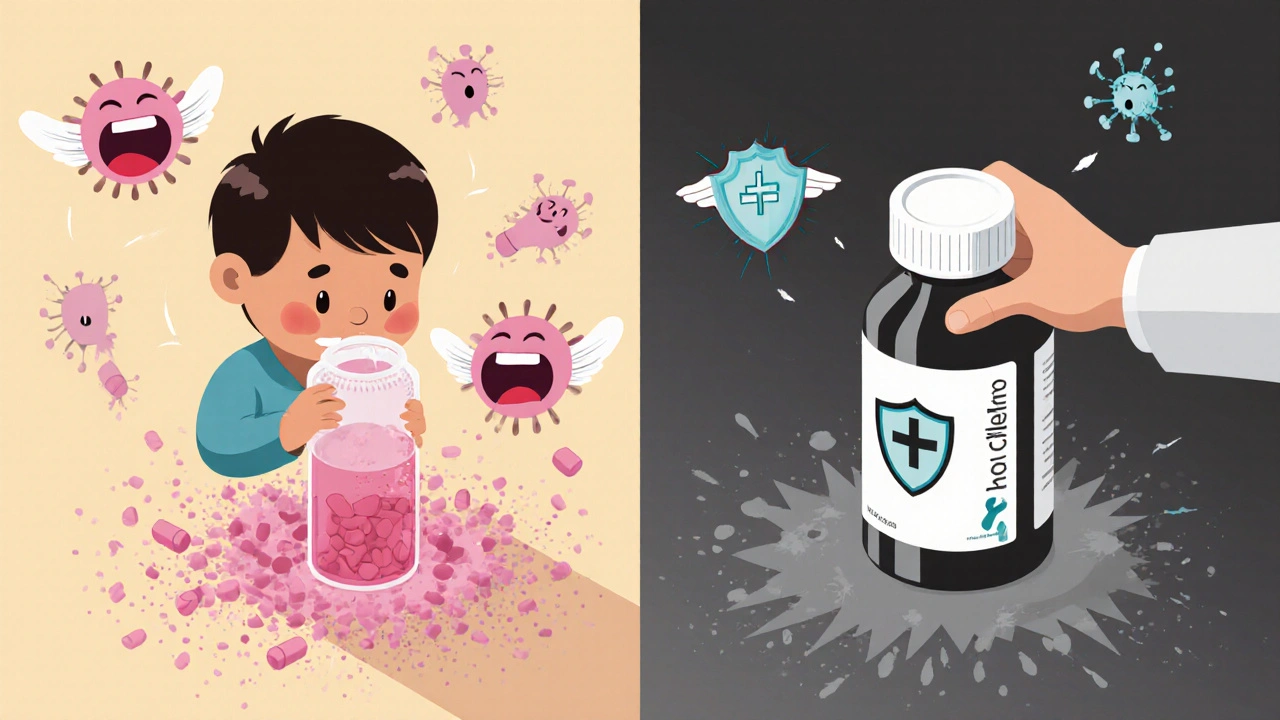 Split scene: degraded antibiotic liquid turning into laughing bacteria versus fresh medicine being handed by a doctor.