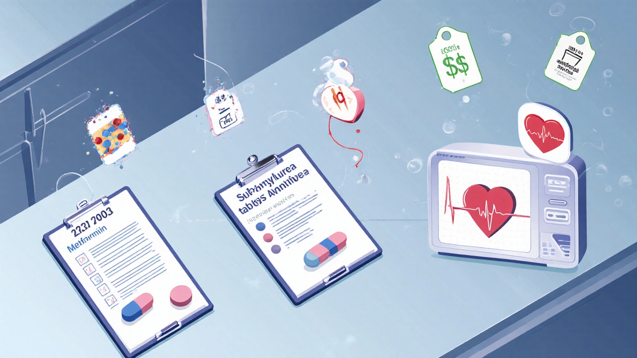 Timeline showing evolution of diabetes treatment from metformin to GLP-1 agonists with cost and health icons.