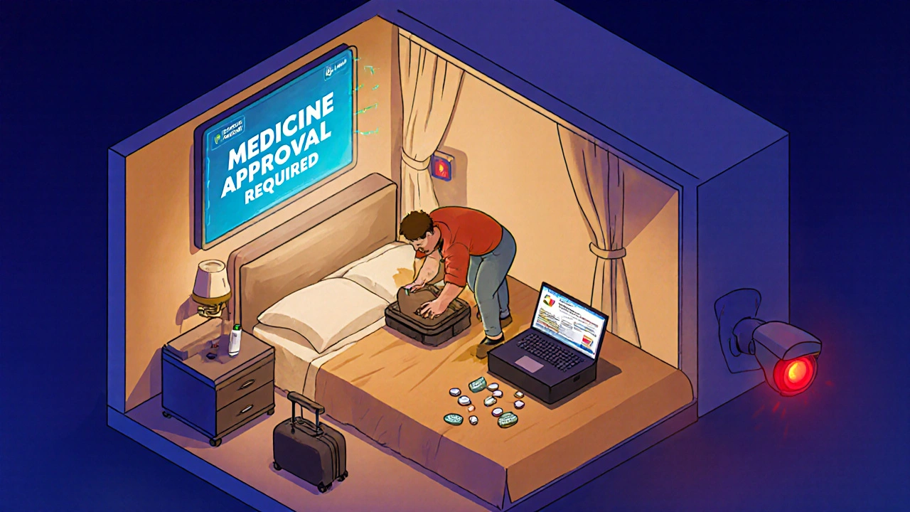 Traveler in Dubai hotel room checking online medication approval portal with pills scattered around.