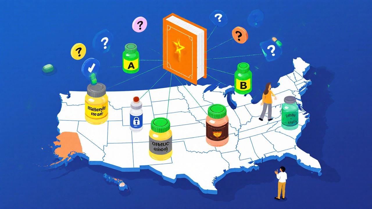 U.S. map showing states with A-rated and B-rated drug substitution rules, centered on the Orange Book.