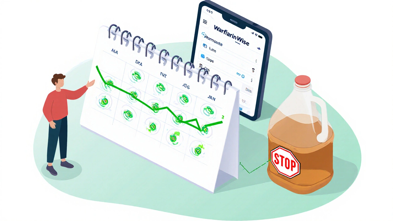 Weekly tea routine with steady INR line and giant tea jug warning.