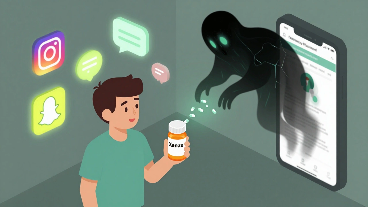 A young person holding a fake Xanax bottle as a fentanyl shadow emerges, surrounded by social media icons.
