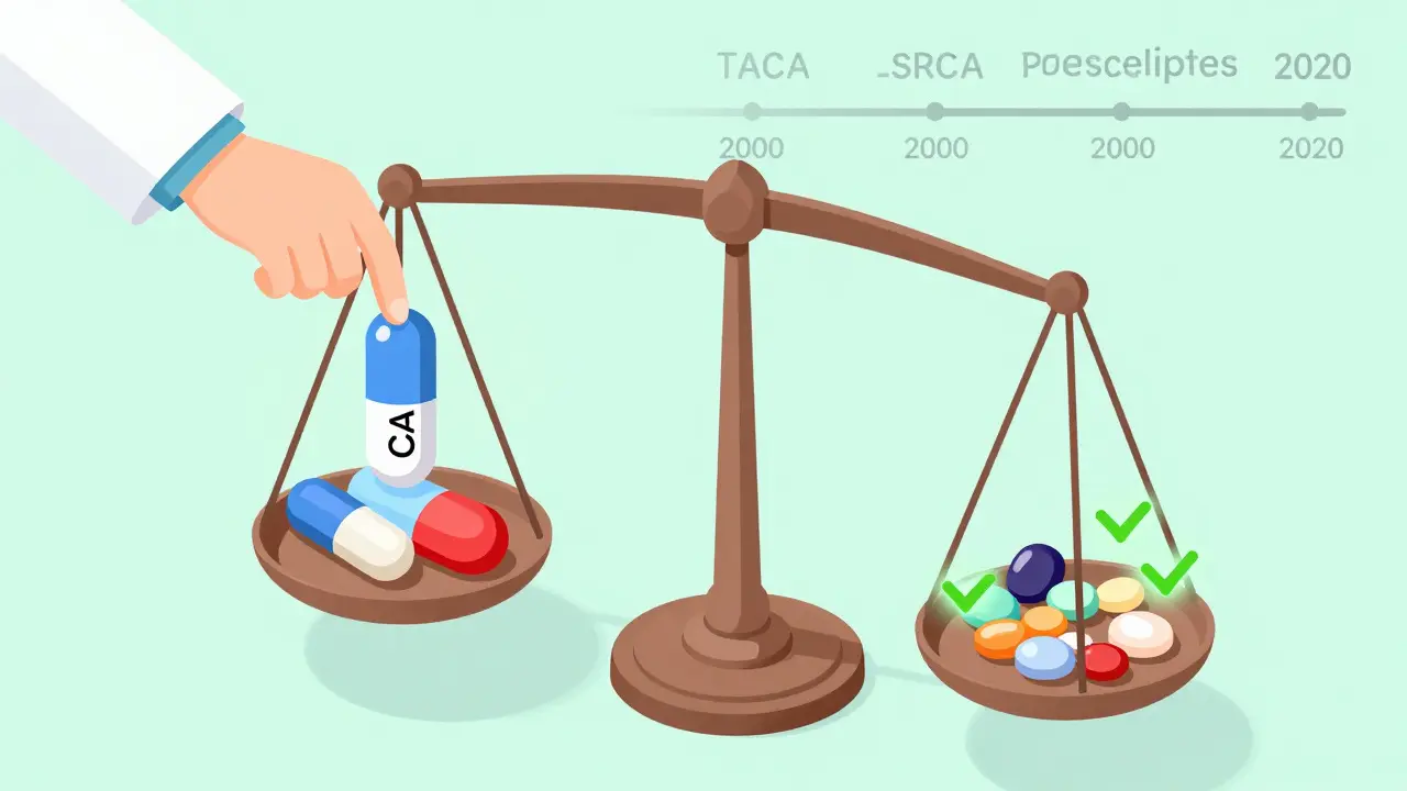 Balanced scale comparing high-risk tricyclic antidepressants with safer alternatives for depression and pain.