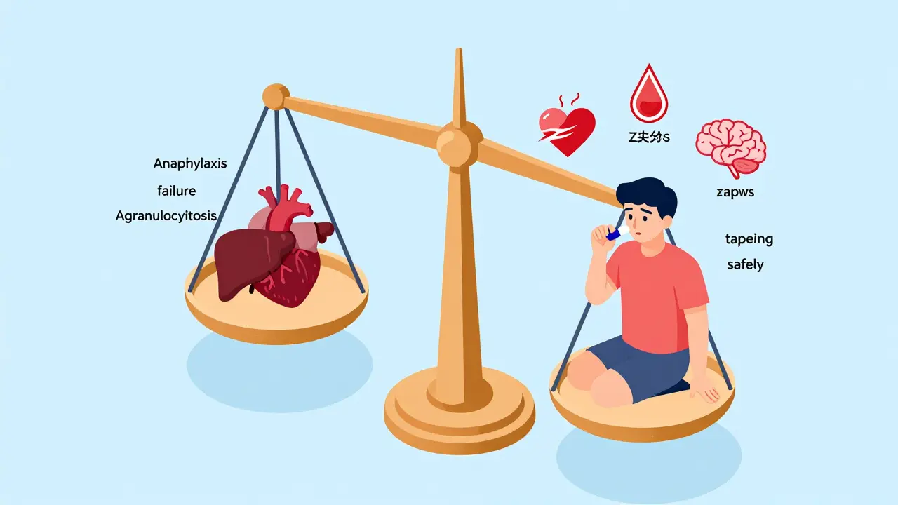 Balanced scale showing life-threatening side effects versus withdrawal risks, with a person hesitating over a pill.