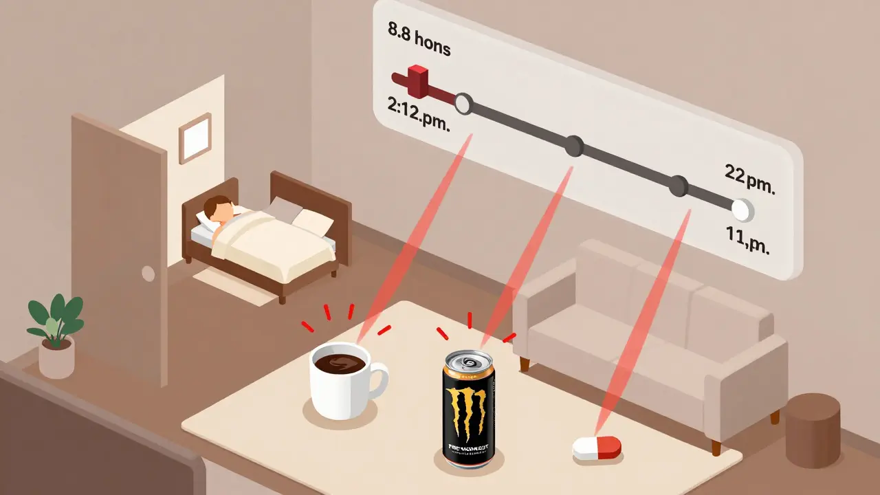 Caffeine sources emitting warning rays toward a sleeping person, with timeline showing 8.8-hour half-life.