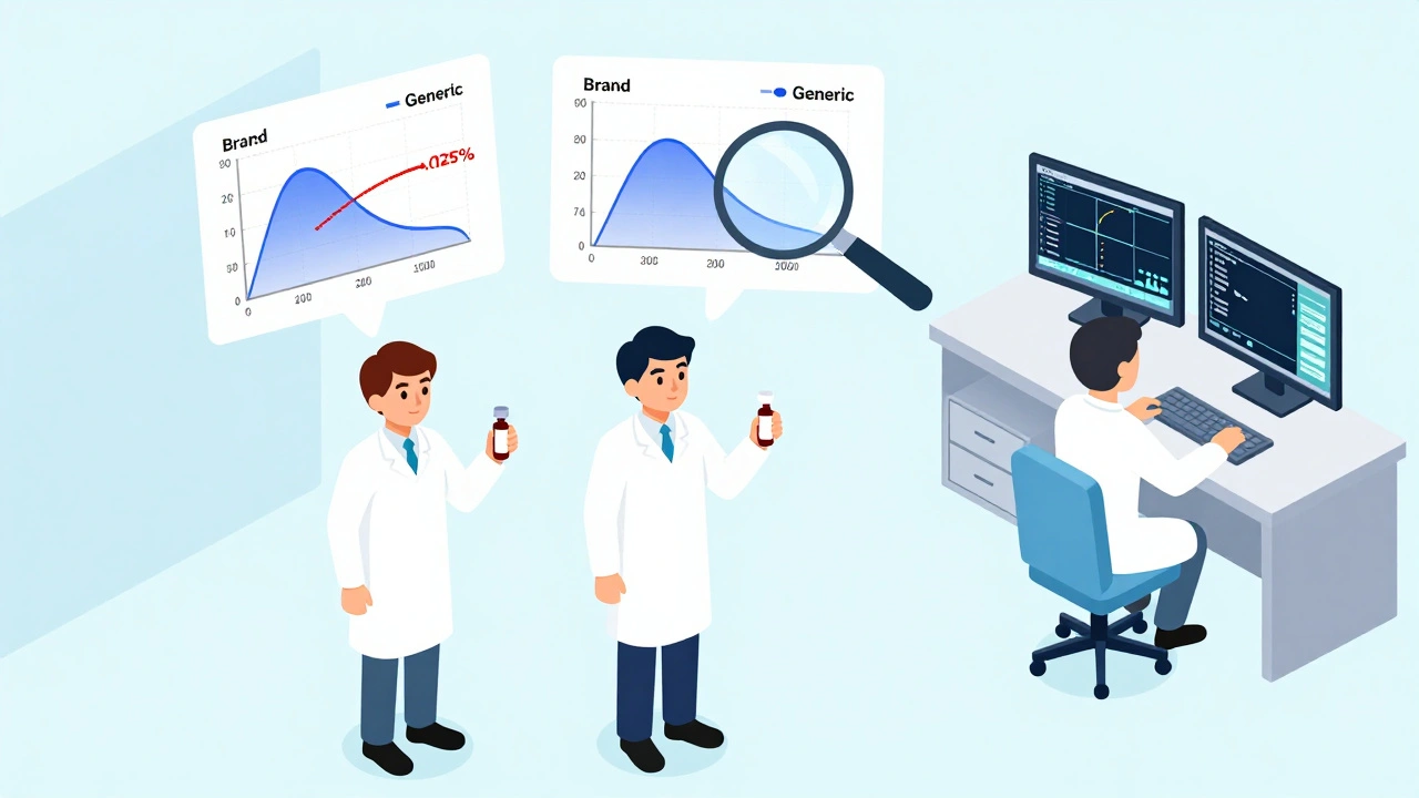 Clinical trial scene with volunteers and floating bioequivalence graphs showing matching drug absorption rates.
