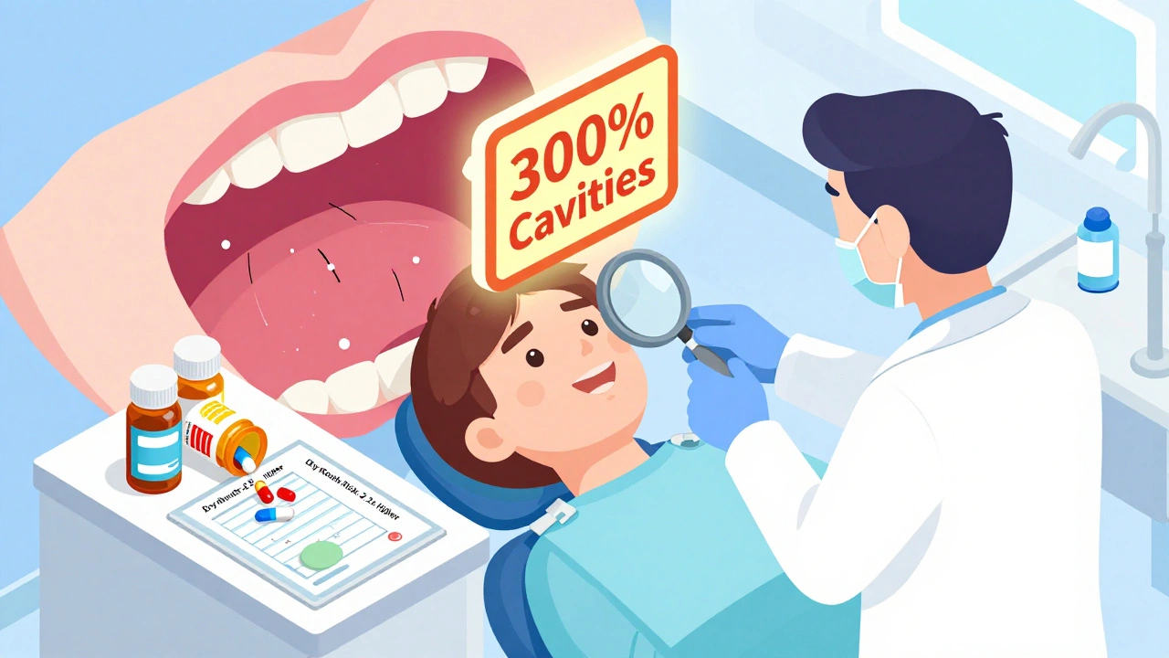 Dentist examining teeth with signs of severe decay from dry mouth, pills and oral care products nearby.