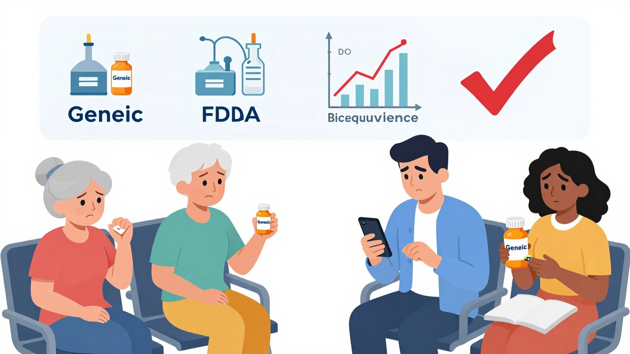 Diverse patients in clinic with generic pills, overlay showing FDA inspection process.