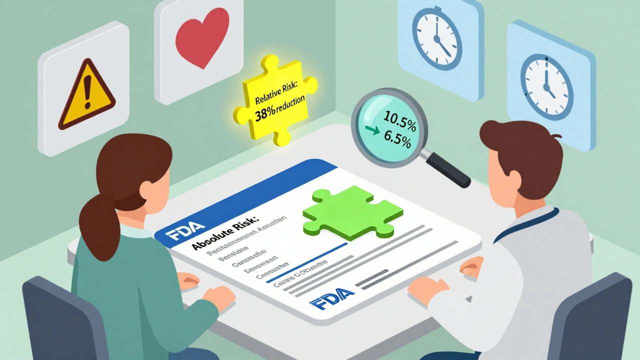 Doctor and patient solving a puzzle made of drug label pieces, with relative vs absolute risk highlighted.