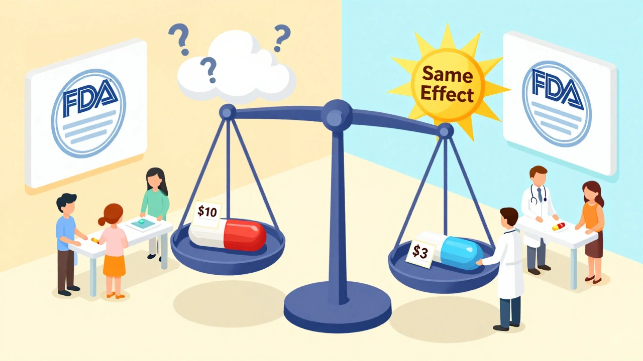 Doctor and pharmacist beside a scale comparing brand and generic pills with FDA approval.