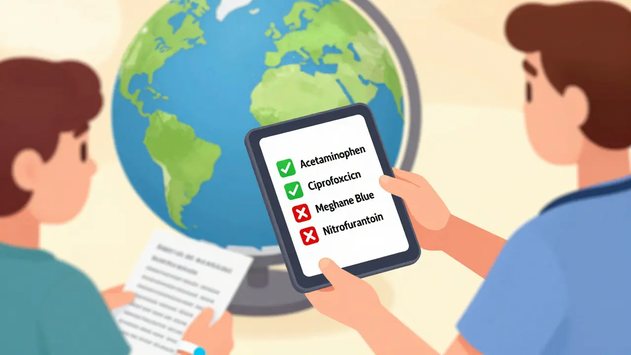 Doctor holding a tablet with safe and unsafe medications list, patient wearing medical alert bracelet.