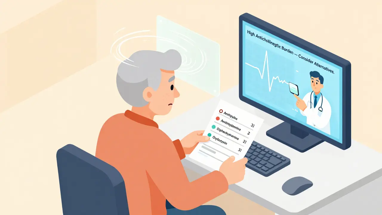 Elderly patient in doctor's office with medication list and AI warning about high anticholinergic burden.