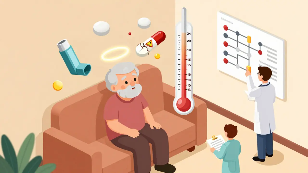Elderly patient with floating medications, rising thermometer showing dangerous theophylline levels.