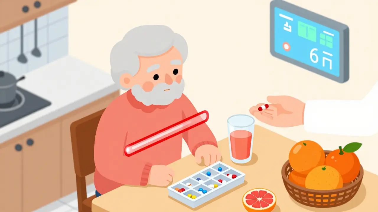 Elderly person at kitchen table with grapefruit blocked by a red barrier, doctor offering safe medication and oranges as alternatives.