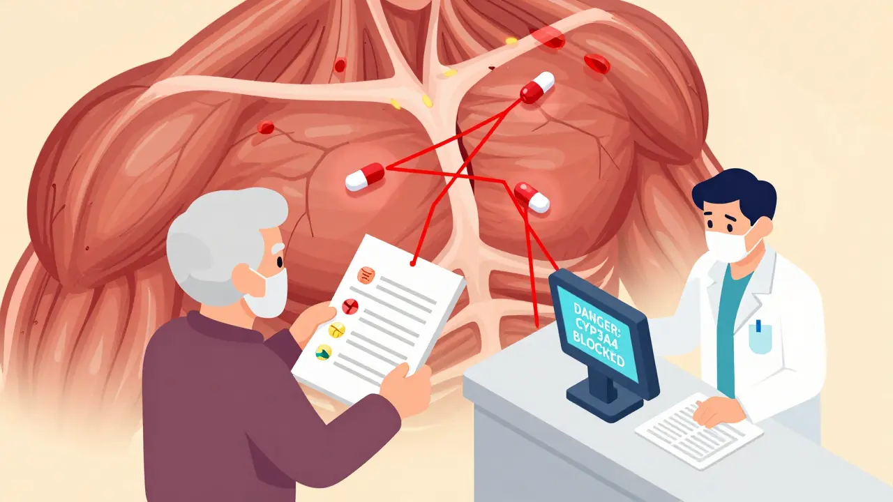 Elderly person with multiple medications linked to a cracked muscle leaking toxins, pharmacist scanning for interactions.