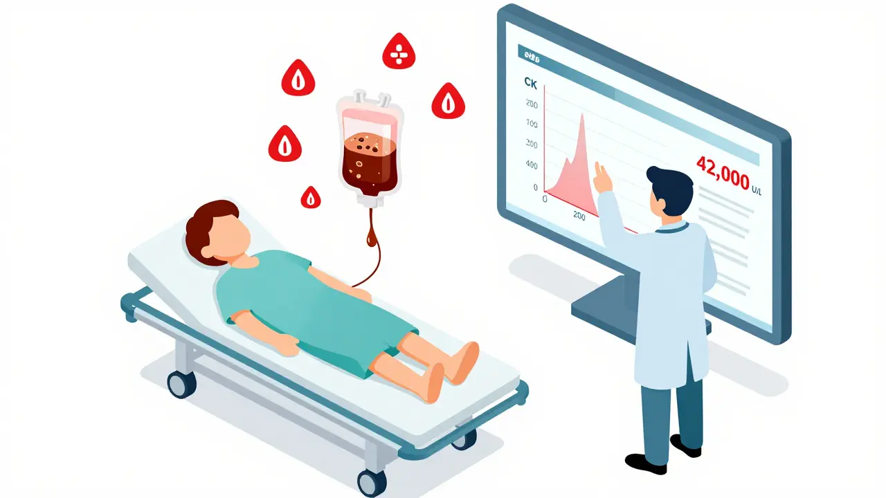 ER scene with dark urine flowing into clogged kidneys, CK levels spiking on a medical screen.
