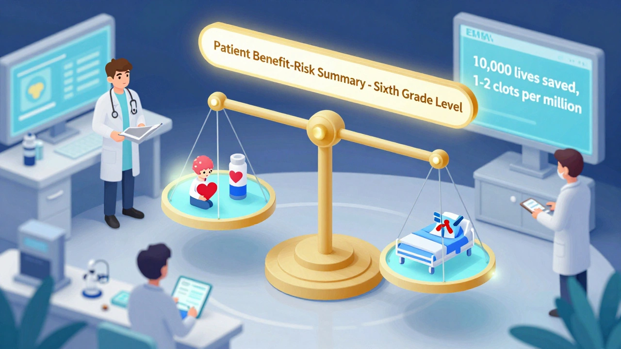 FDA reviewers balancing patient benefits against risks on a 3D scale, with clear summary banner visible.