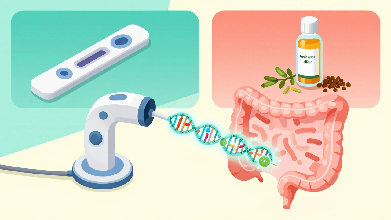 Futuristic endoscopic device sampling gut bacteria alongside traditional breath test and herbal remedies.