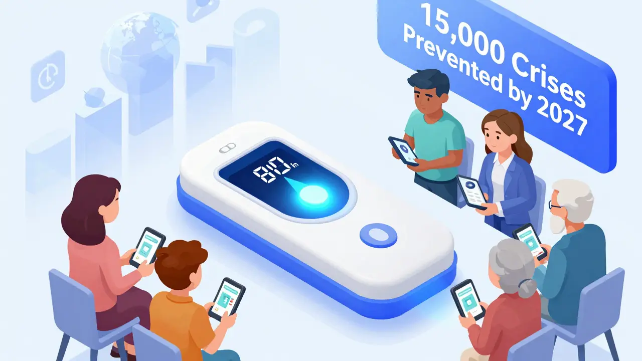 Futuristic G6PD testing device with glowing display and diverse people receiving results.