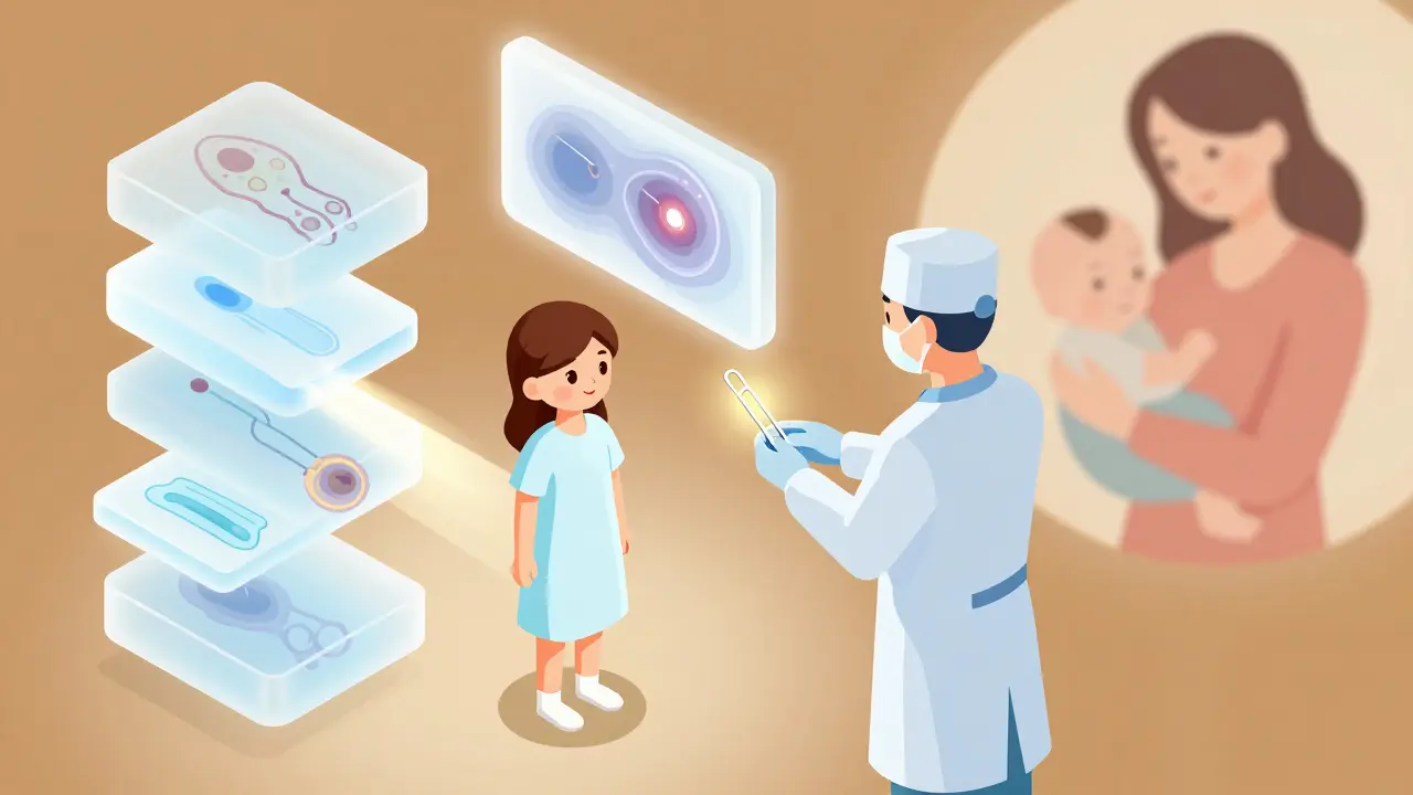 Girl with surgeon holding ovarian tissue, path of light leading to future mother holding baby