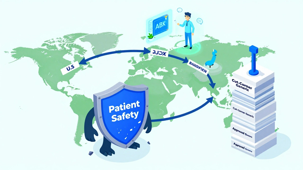 Global map of bioequivalence standards with a safety shield blocking unsafe generics, surrounded by scientific tools.