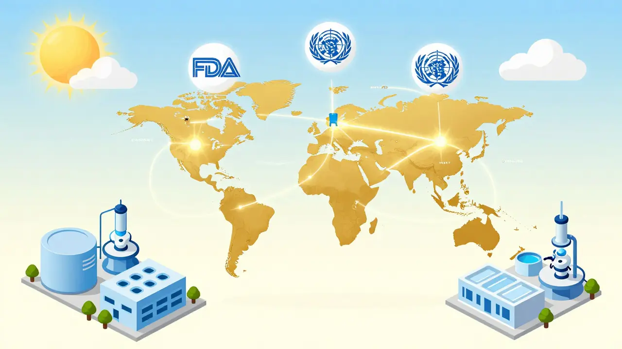 Global network of labs connected by data streams, with U.S. manufacturing plants in foreground.