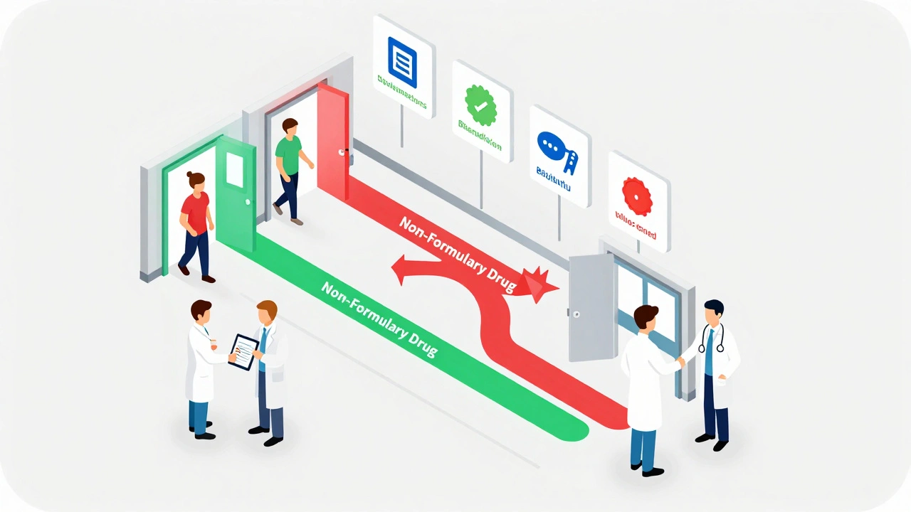 Hospital hallway flowchart showing smooth path for formulary drugs versus obstacles for non-formulary ones.