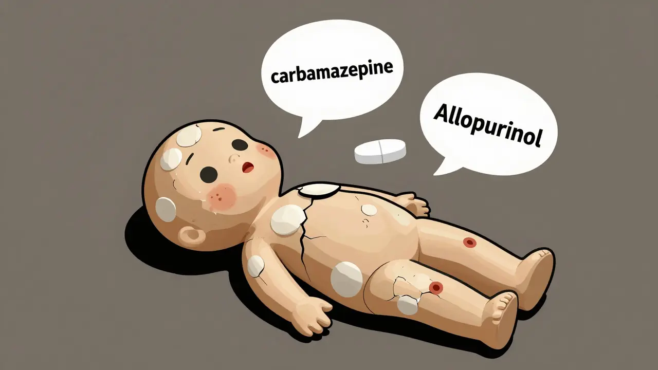 Human figure with peeling skin and mouth sores, representing Stevens-Johnson Syndrome, with medication bottles above.