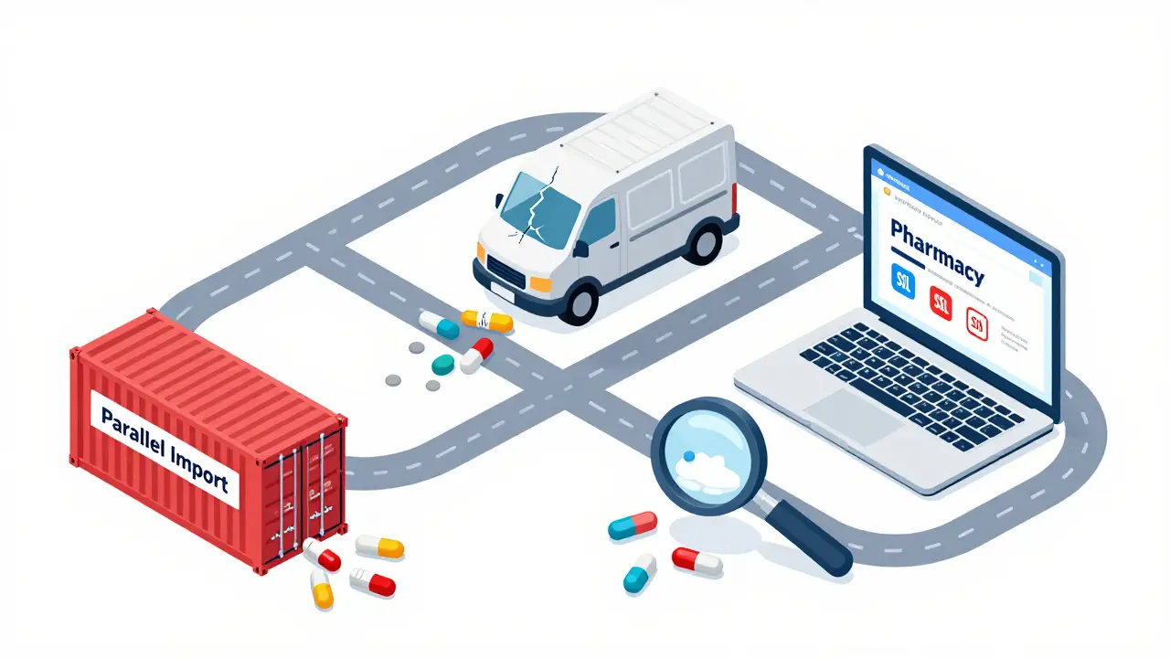 Isometric view of counterfeit pills infiltrating the legal drug supply chain through three corrupt channels.