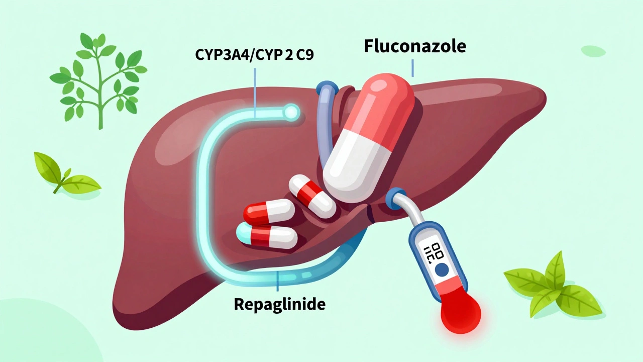 Liver with blocked enzymes and diabetes pills piling up, leading to dangerous low blood sugar.