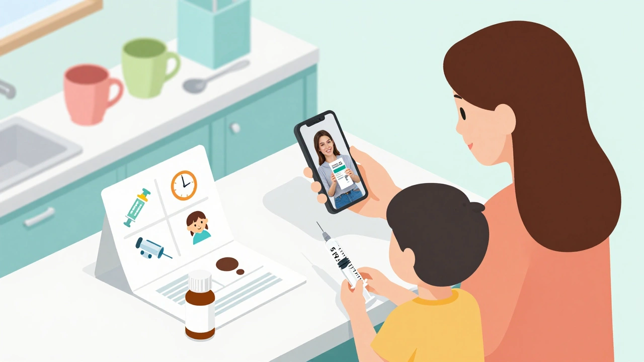 Mother showing photo of correct syringe fill line to pharmacist, child holding dosing syringe at home